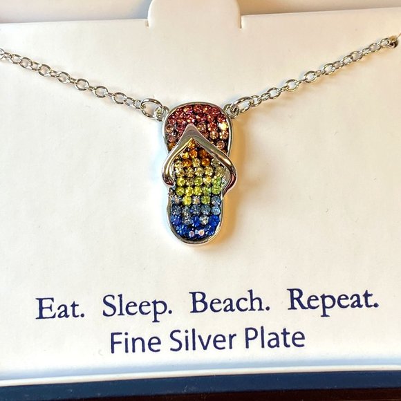 Belk Silverworks Crystal Flip Flop Silver Plated Necklace BEACH FUN - Picture 5 of 7